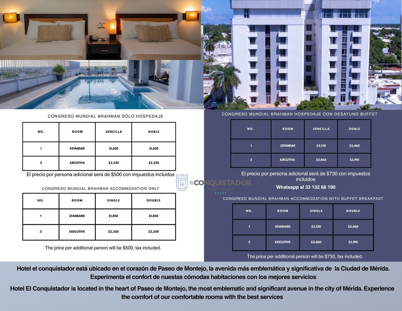 Hotel El Conquistador Merida - tarifas Congreso Brahman 2026 / rates (English - Espanol)